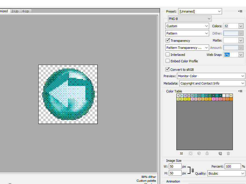 photoshop screenshot of the same sphere in photoshop's 'Save For Web' menu, with low resolution dithering and limited color settings applied
