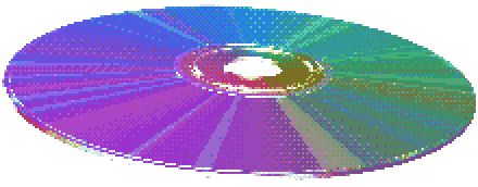 a low resolution image of a 3D modeled compact disc, with dithering and a gradient rainbow