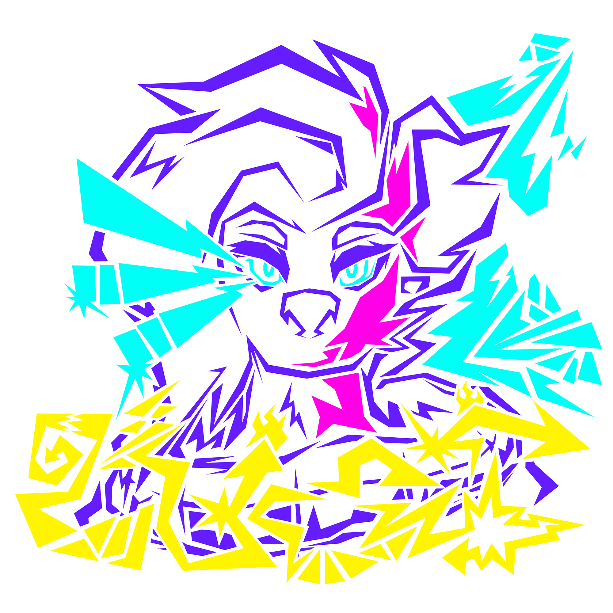 Digital art of my hyena fursona Blake, drawn in the style of Astroantediluvian by Darius. The lines are incredibly freeform, loose, and jagged. There are vivid accents of cyan, magenta, and yellow, and incredibly sporadic twisting shapes and lightning bolt motifs throughout, namely 3 lightning bolts erupting from one eye, and as well as in several shattering shapes to his side.
	
The characters are visually similar enough that the only major changes made were his long hair, larger ear, and lack of glasses.