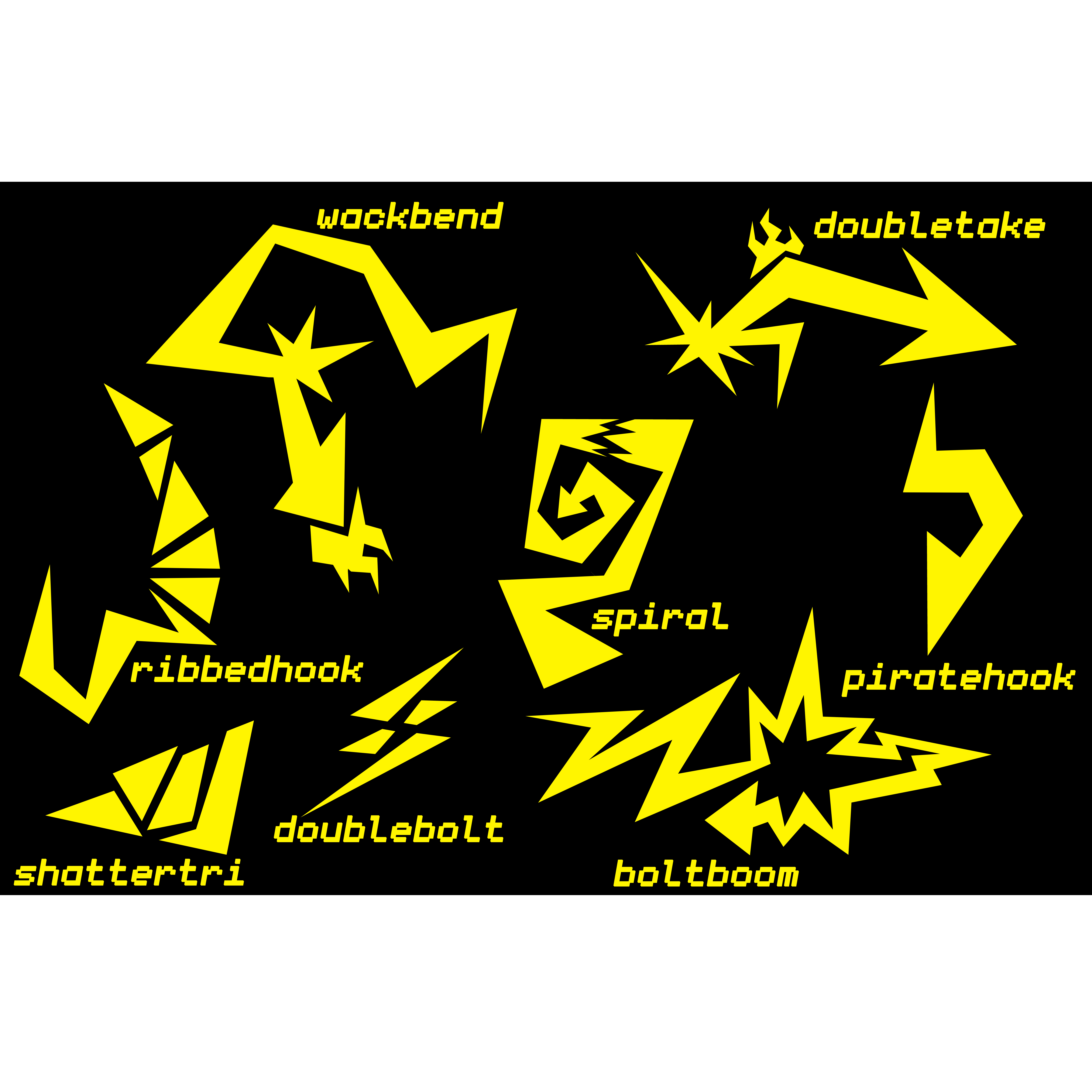 A collection of the yellow shapes in this piece, with unique names given to distinguish them, those names being 'Wackbend', 'Ribbedhook', 'Shattertri', 'Doublebolt', 'Boltboom', 'Spiral', 'Piratehook', and 'Doubletake'