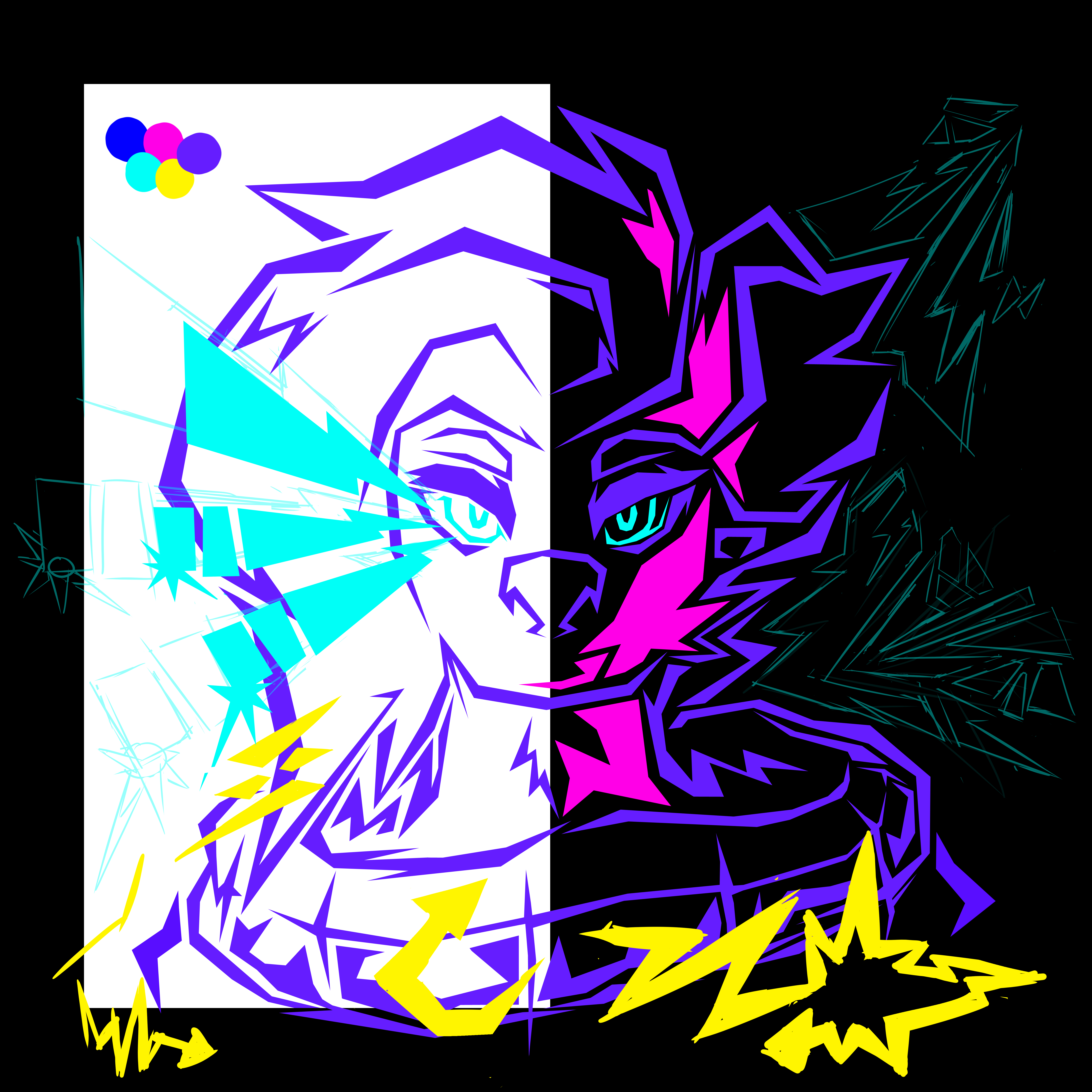 A work in progress image of this piece. It shows the white and black backgrounds side by side, with sketches of the surrounding shapes, some of them have been mostly refined to their final result.