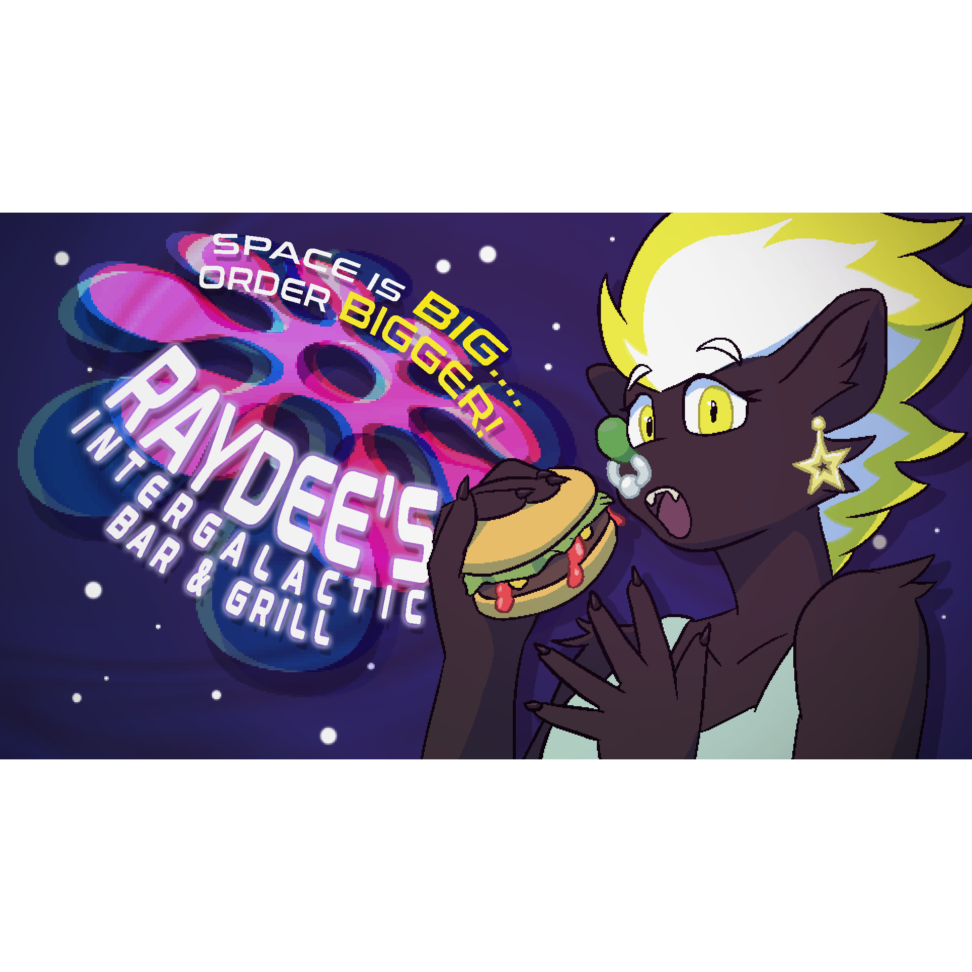 Digital art of a mock billboard. In the front is my fox girl Baiyo holding a messy burger, she has a surprised expression like she was just walked in on mid-bite, She has black fur, a green nose, yellow eyes, and white hair with a yellow streak. She also has a nose ring, dangling star earring, and light blue sports bra. This pose is a reference to a similar frame from Sailor Moon. The background is a funky pink and blue curvy shape, with text 'Space is big... order bigger! Raydee's Intergalactic Bar & Grill'