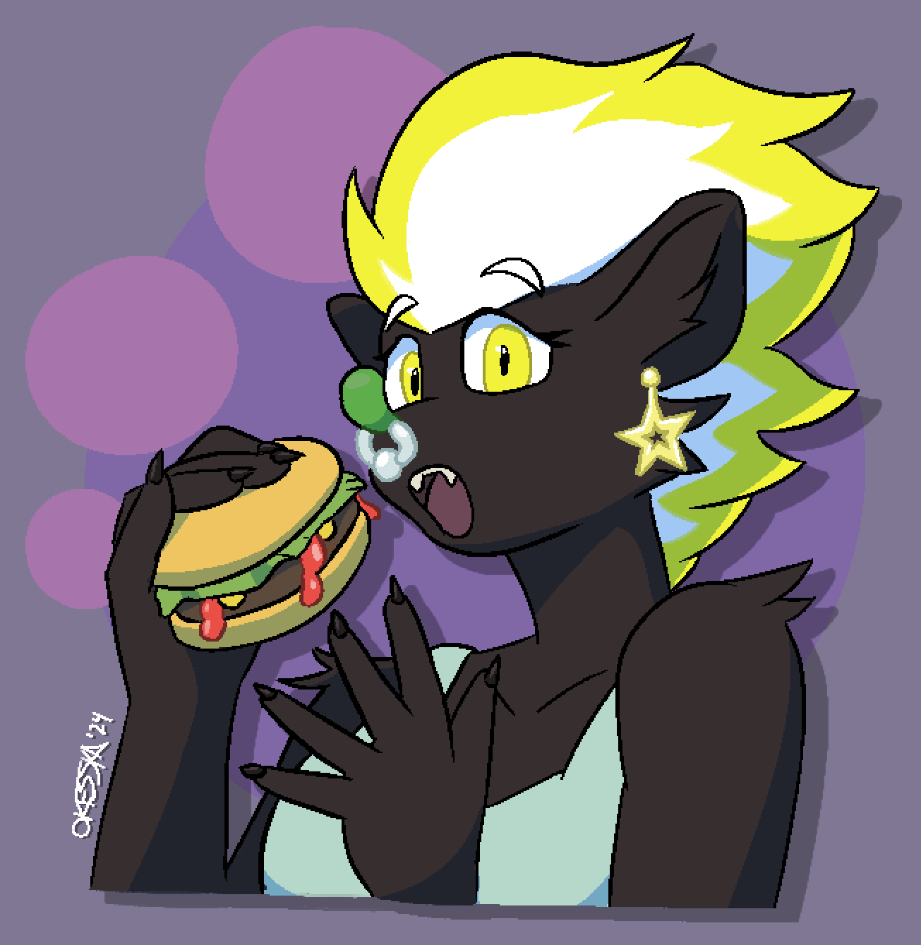 The same, but on a more simplistic gray background, with large circles of pink and purple behind