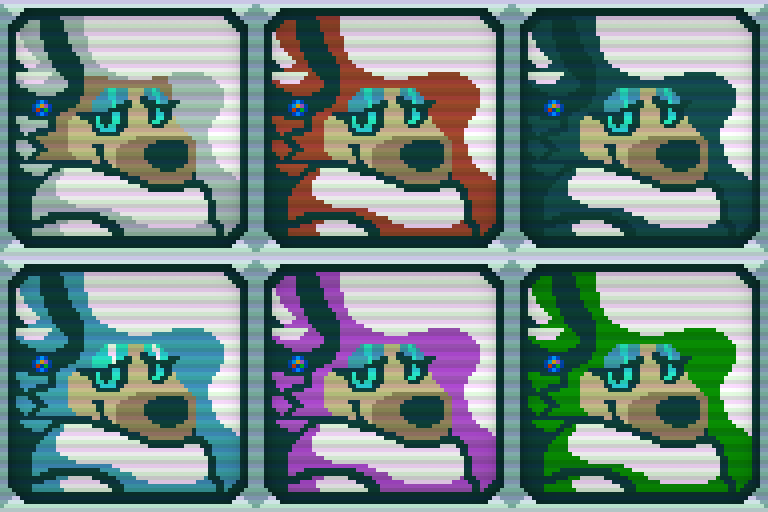 Digital art of my hyena fursona Blake, in the style of Caves of Qud's achievement icons. They are pixelated, with a limited color palette and use of negative space.

Blake is depicted here in a poofy turtleneck sweater, with long flowing white hair extending out of frame. The turtleneck covers part of his face, and a smile peeks out from it. His expression is a sort of happy weariness. He has a black opal stud earring and bright blue eyeshadow.

There are 6 versions here, with different colors of shading.