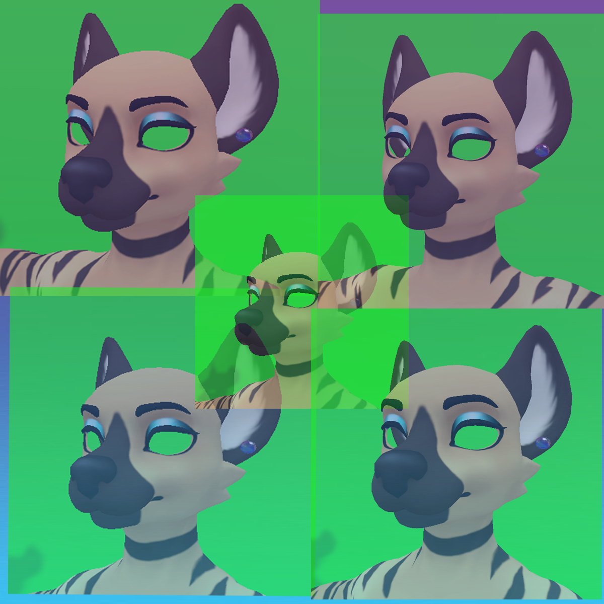 Several Unity screenshots of mask-form Blake, showing various angles tested, on greenscreen backgrounds.