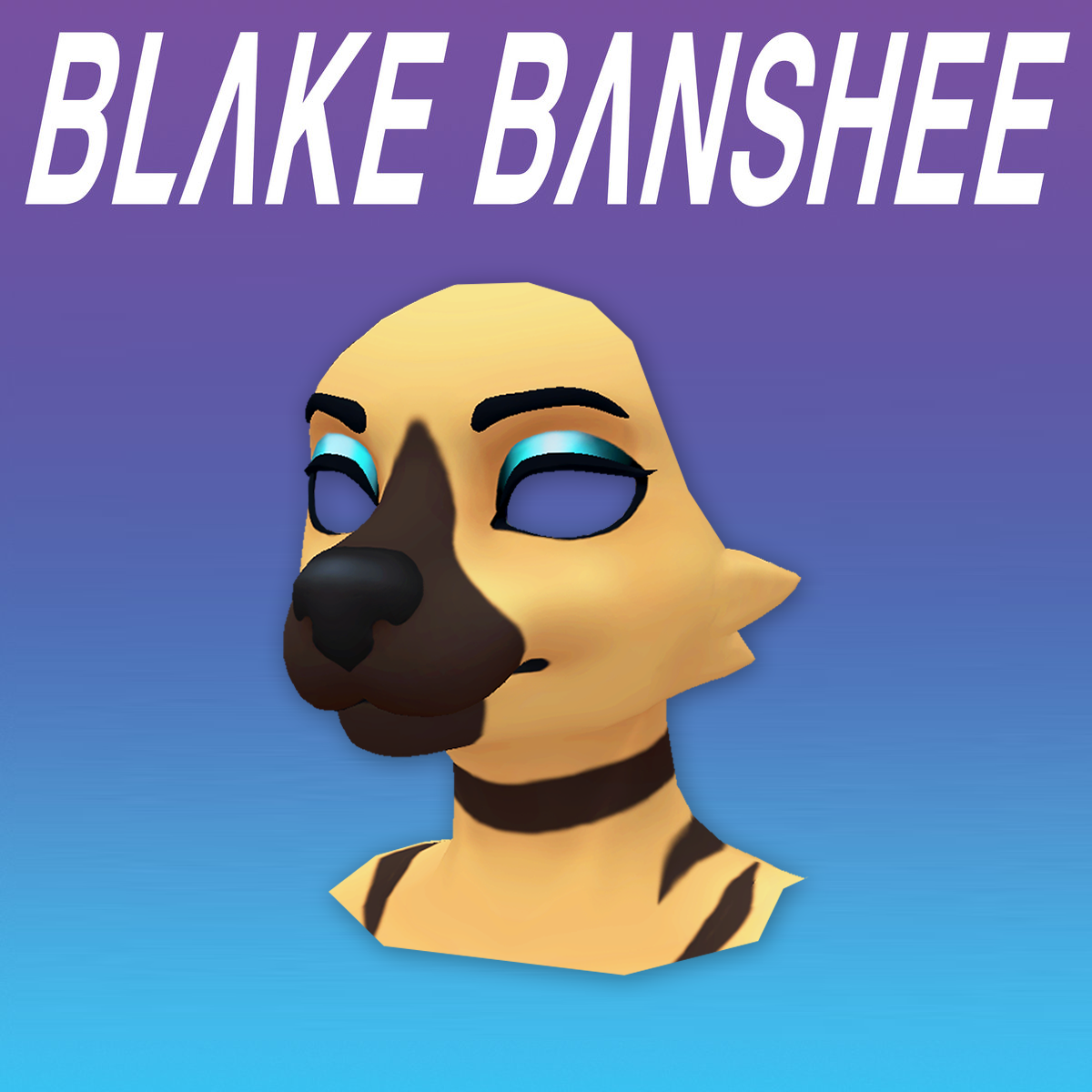 Digital art of my hyena fursona Blake's 3d model for VRChat, heavily edited to resemble the mask-like figure in the Blank Banshee 0 album cover. Eyeless and without a body, the expression is void and cold. Text above reads 'BLAKE BANSHEE', all of this on a background gradient of purple to blue.