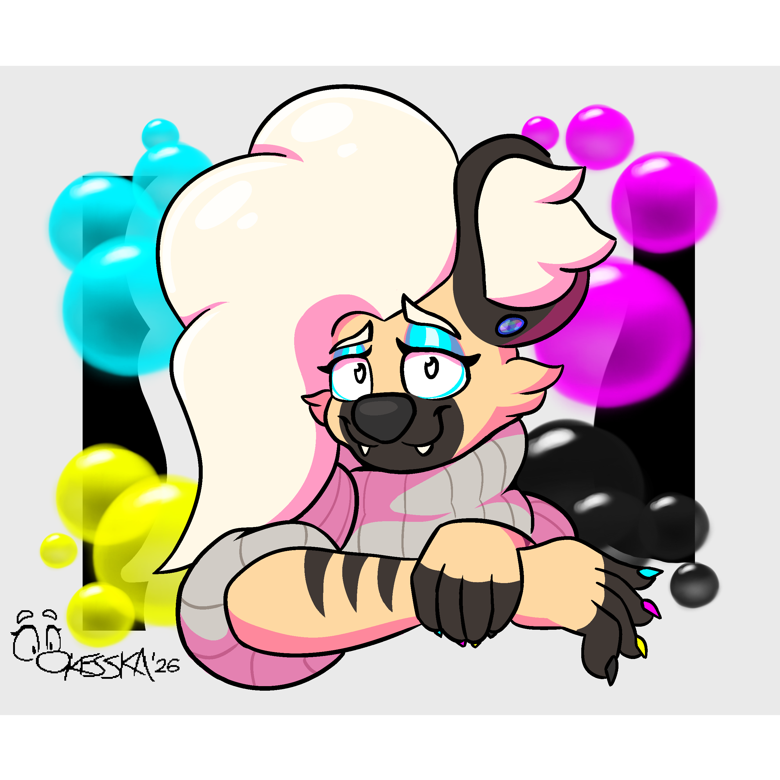 digital art of Blake my hyena fursona, leaning on one elbow, with vivid bubbles of cyan, magenta, yellow, and black floating around him, and a black background with a gap vaguely following his silhouette. He's smiling with a timid look. In the bottom left the signature reads 'Okesska '26' (the 'O' is Blake's big nose, with two surprised eyes looking down at it)