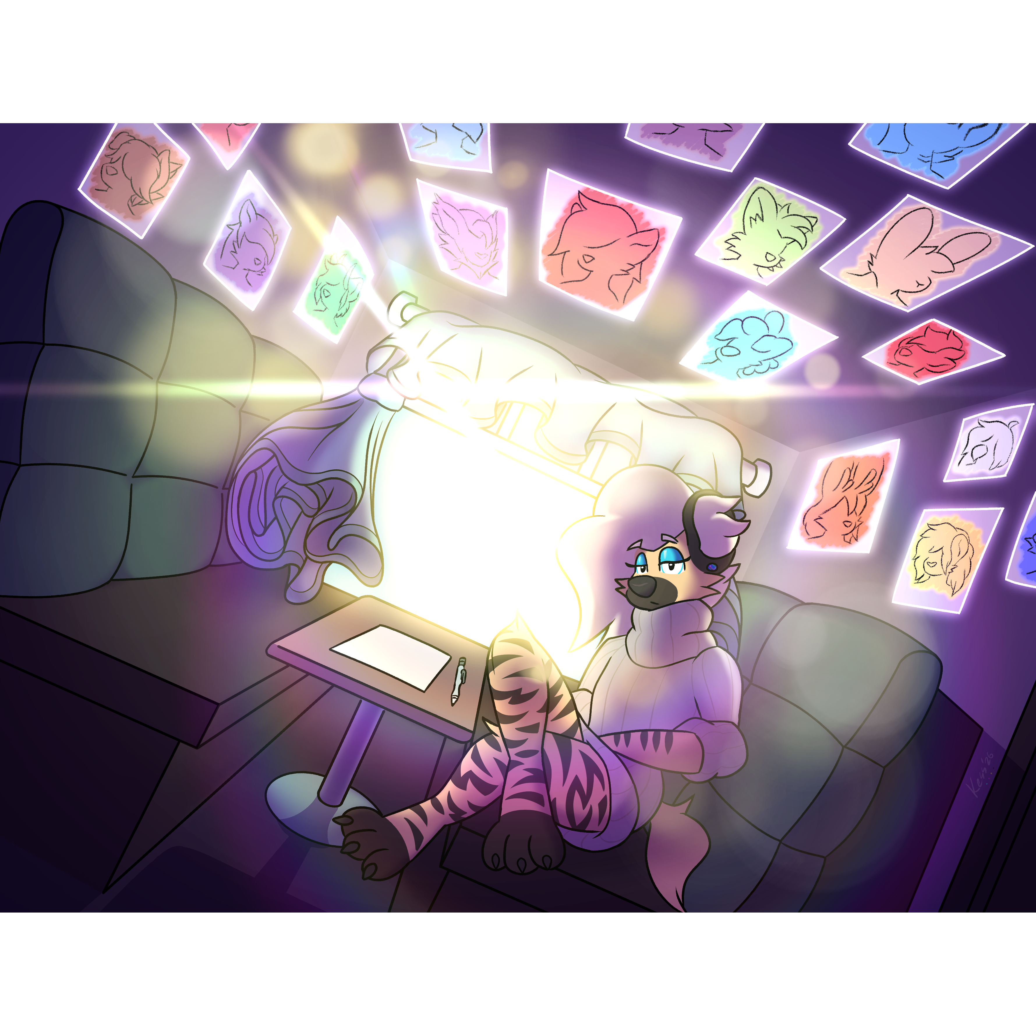 Digital artwork of my striped hyena fursona, Blake, sitting in a diner or cafe setting. He has long white hair, cyan eyeshadow, a black opal stud earring, and is wearing a turtleneck sweater dress.

He reclines cross-legged in one of two booths, the other empty. Above him on the walls and ceiling are many drawings on paper of the faces of a wide variety of furry anthro characters. They lack eyes and mouths. The perspective of the scene is tilted at a steep angle clockwise.

Behind him is a window, from which flows immense amounts of radiant light into the room. Curtains billow, and lens flares and bright rainbow streaks of light dapple the scene.

In front of Blake on the table rests a pen and another sheet of paper. He looks to the viewer with a blank expression. His body language suggests resignation.