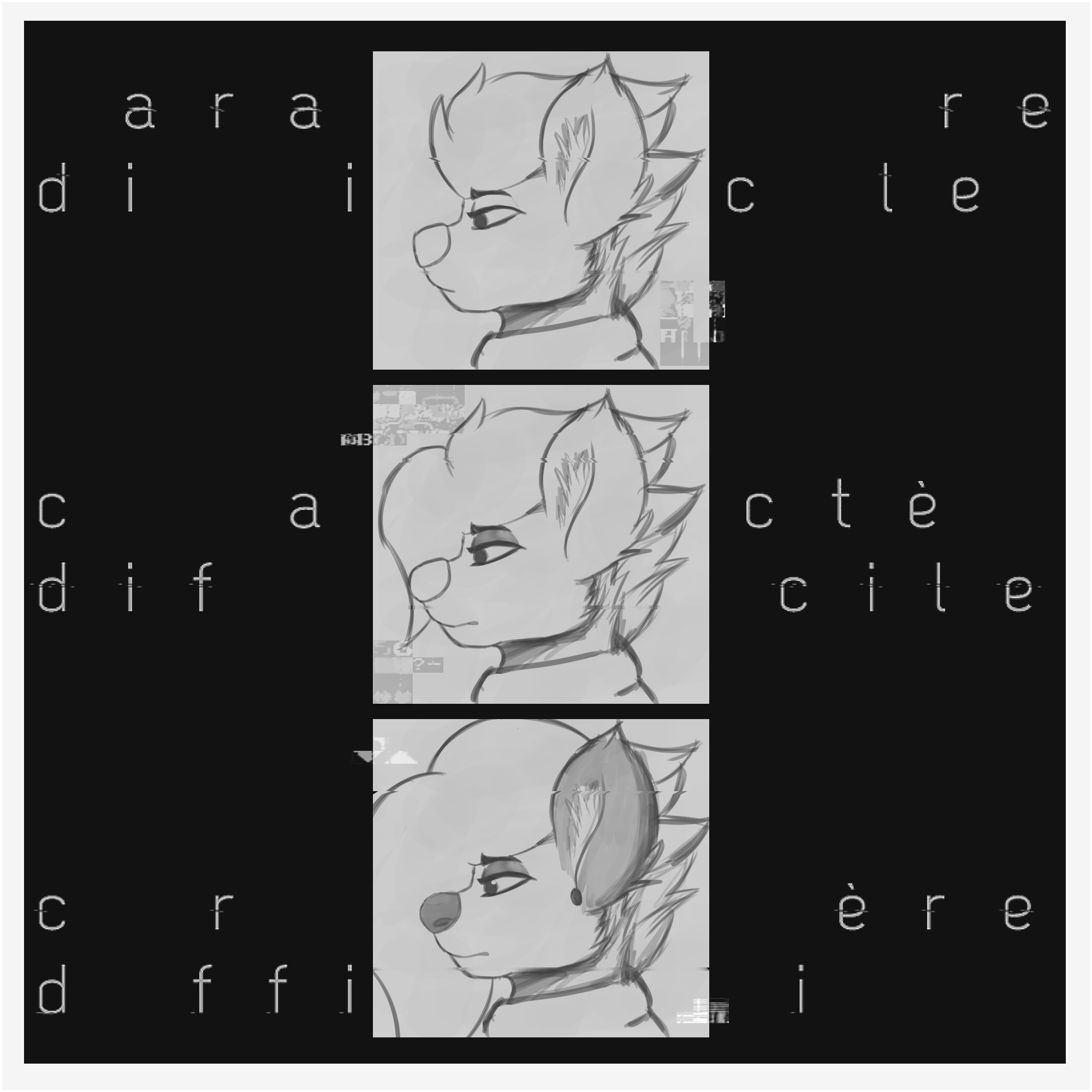 Digital art of my hyena fursona Blake in the style of the album cover of caractère difficile, an album by Darius of Halley Labs, it's a profile view of 3 monochrome sketches, with increasing complexity, detail, and other changes as they go down, namely Blake getting longer hair, a stud earring, eyeshadow, and an overall more feminine/androgynous appearance

the text reads 'caractère difficile' but the letters are missing in some places and scattered throughout. there's minor glitch artifacting as well