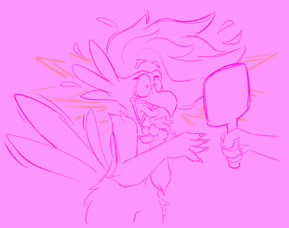 digital sketch of Blake, my striped hyena fursona, drawn as a flamingo instead, he has an extremely startled expression to suggest it was rather sudden, and a hand is holding up a mirror to his face. his hair is going wild and his feathers are all ajolt