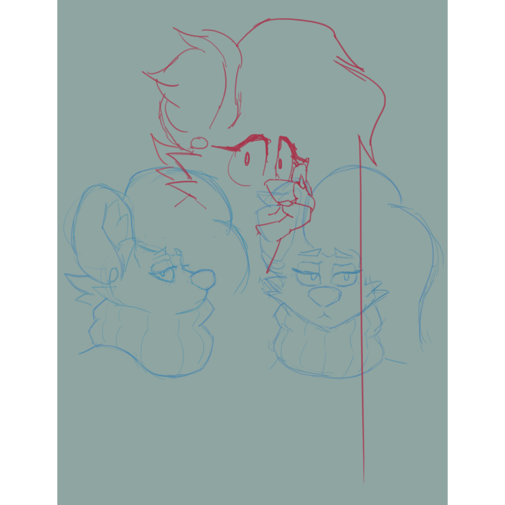 3 digital sketches of Blake, my hyena fursona, ranging from shoulders to neck up, with varying expressions of worry. The bottom two in blue are more passive in expression, while the top in red is more active, and his hair becomes a long straight line that terminates at the bottom of the image. in the red sketch his hand is also held to his face