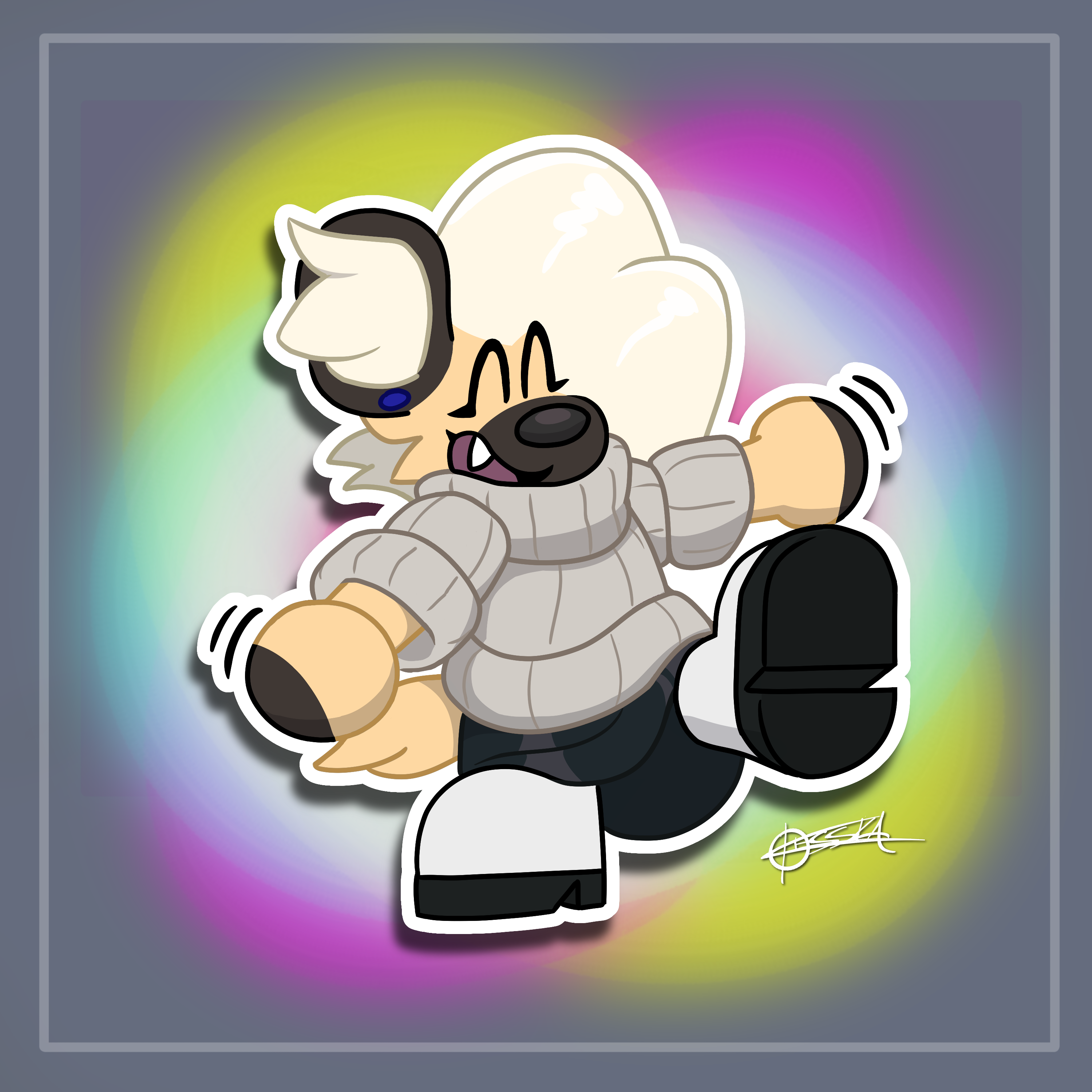 Digital art of my hyena fursona Blake, in plushie form, doing a little dance on one foot and waving his hands. He's smiling, wearing his turtleneck sweater, black skirt, and white and black boots. Glowing swirls of magenta, cyan, and yellow blend together behind him. Signature reads 'Okesska'