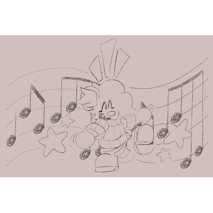 A sketch of the previous piece, behind him is the sheet music for the intro to Like It Like This Like That by Hideki Naganuma, decorated with little stars