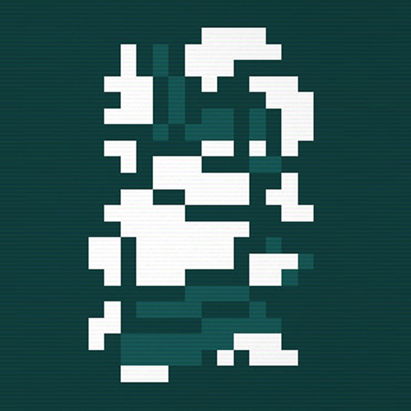 Sprite for Blake, my hyena fursona, in the style of Caves of Qud, a tile based sci-fi roguelike. The style emphasizes heavy use of negative space, and small sprites with a lot of detail even in single pixels. He is half-lidded here, with no pupils, one arm folded behind his back, the other outstretched, as if greeting or conversing. He has a long black skirt, white heeled boots, and a turtleneck sweater that covers the lower half of his face.