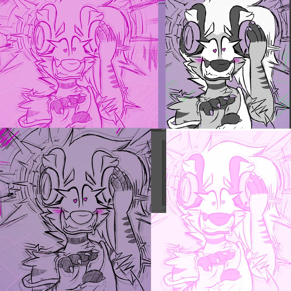 More earlier WIPs, showing different monochrome styles, with black and white as well as different shades of pink.