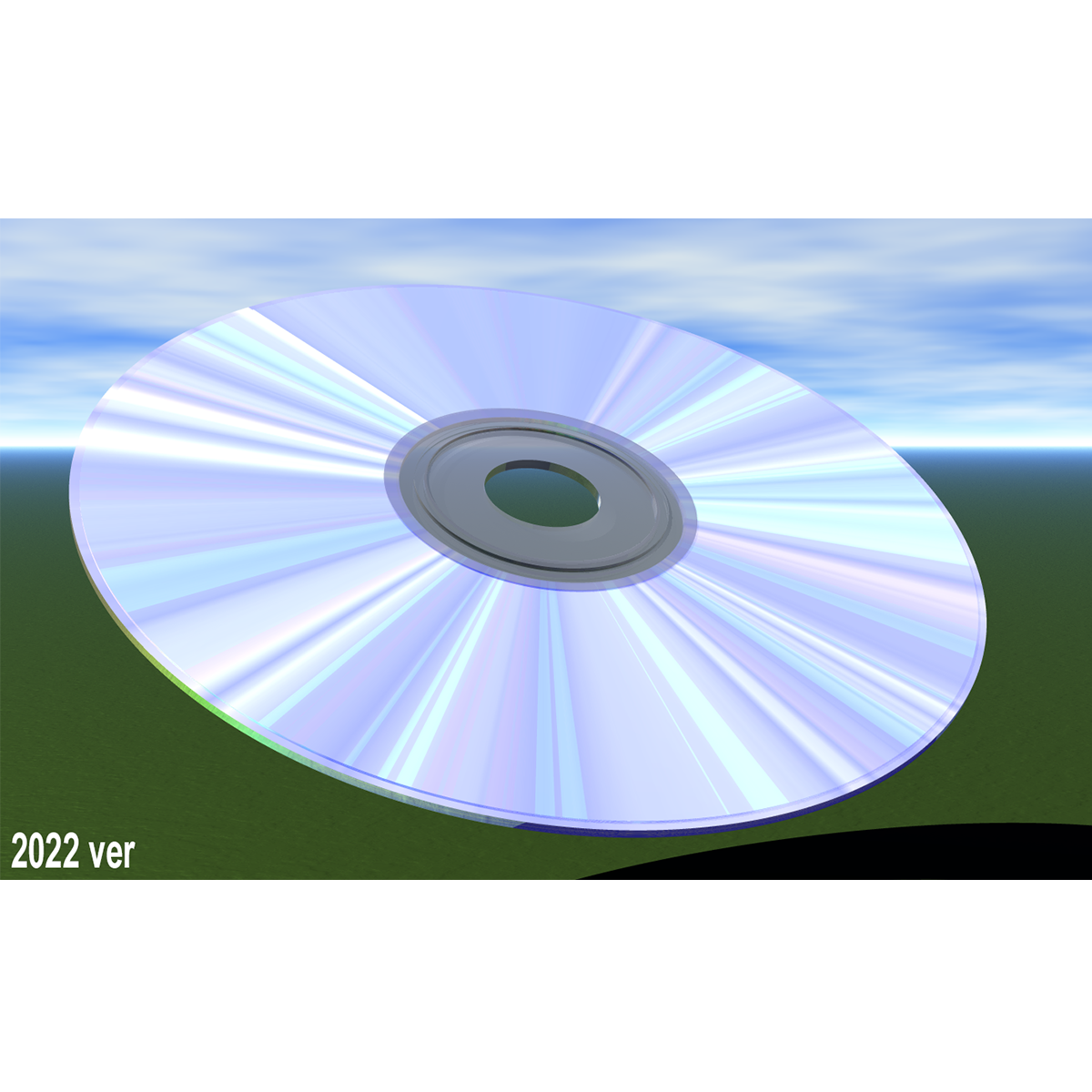 The same CD as seen originally in Bryce 3D. It hovers above a blank field of grass, with a more plain appearance, and a less clear inner ring