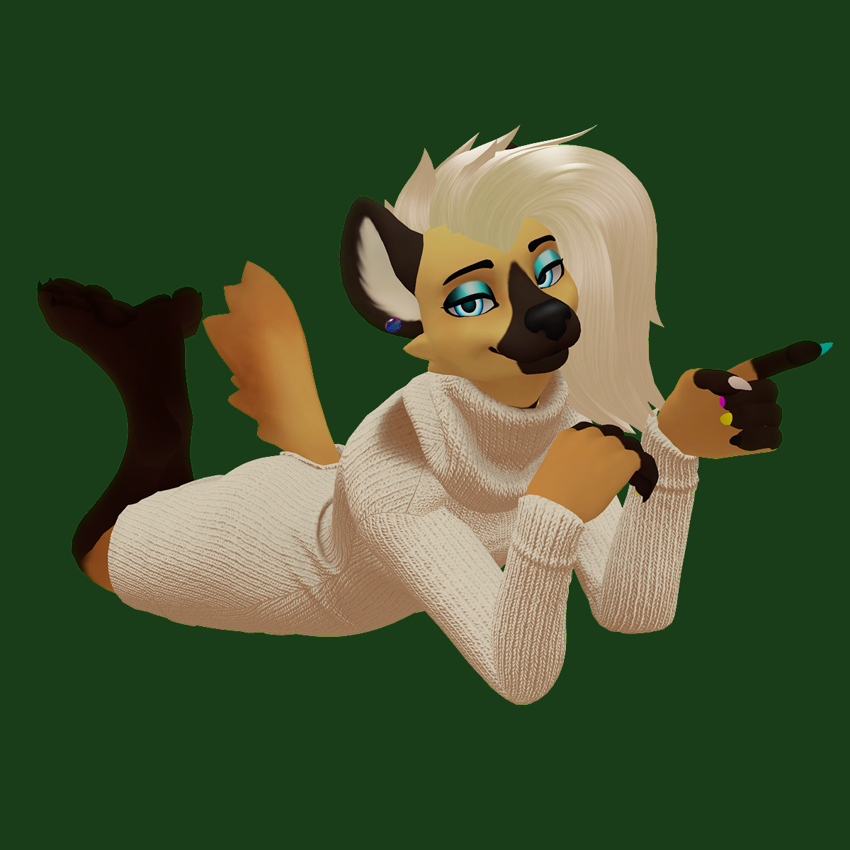 VRChat greenscreen photo of Blake lying on his belly with a smug and sultry gaze to the viewer, pointing out of frame to his right. He's got on his turtleneck sweater dress, and his legs are folded up. How cute