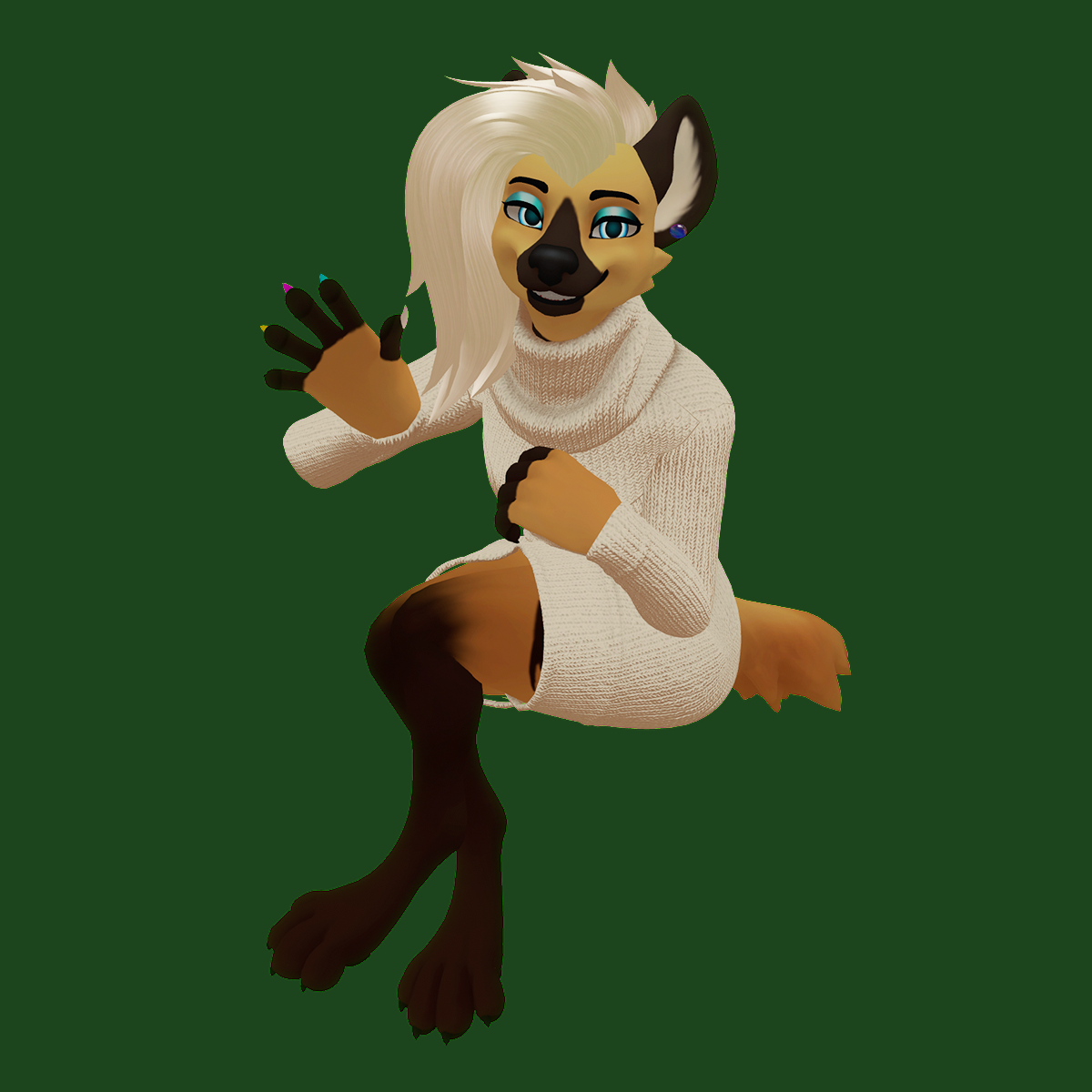 The same, now in a waving position, looking at the viewer and smiling with legs crossed