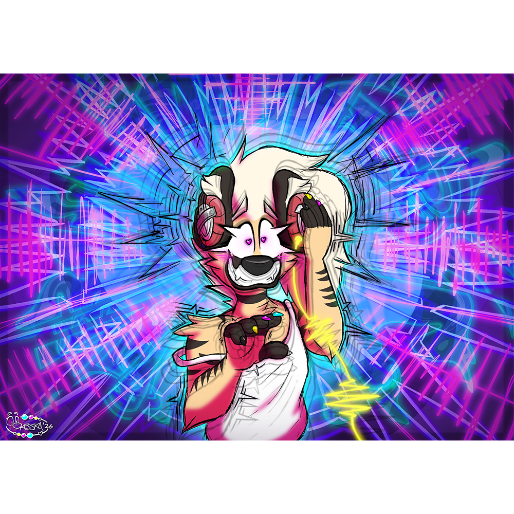 Digital artwork of my striped hyena fursona Blake, wearing headphones and a white camisole, one shoulder strap of which has fallen to the side. He bares his teeth in a grin of intense ectstacy, surrounded by extremely vivid, aggressive, and powerful shapes of blues, greens, and pinks, all clashing in a kind of total chaos that evokes its own harmony.

	He has a blush and heart-shaped pupils, and the cable connected to his headphones incandesces a golden yellow hue. His body tremors all over, and faint afterimages of himself emerge from the center.

	The signature at the bottom left reads 'Okesska '26'