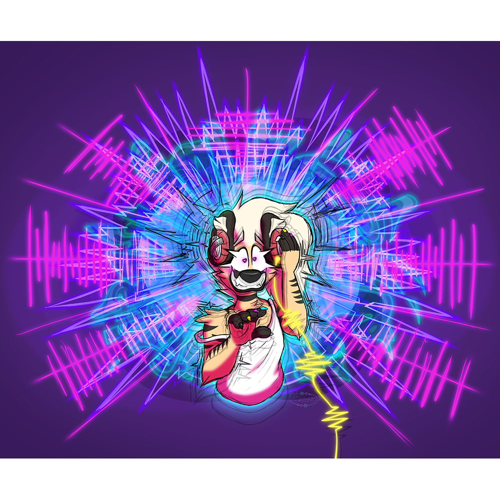 The same, now showing the full background of vivid shapes and lines smashed toward a radial center. They resemble audio waveforms and span a vast majority of the frame