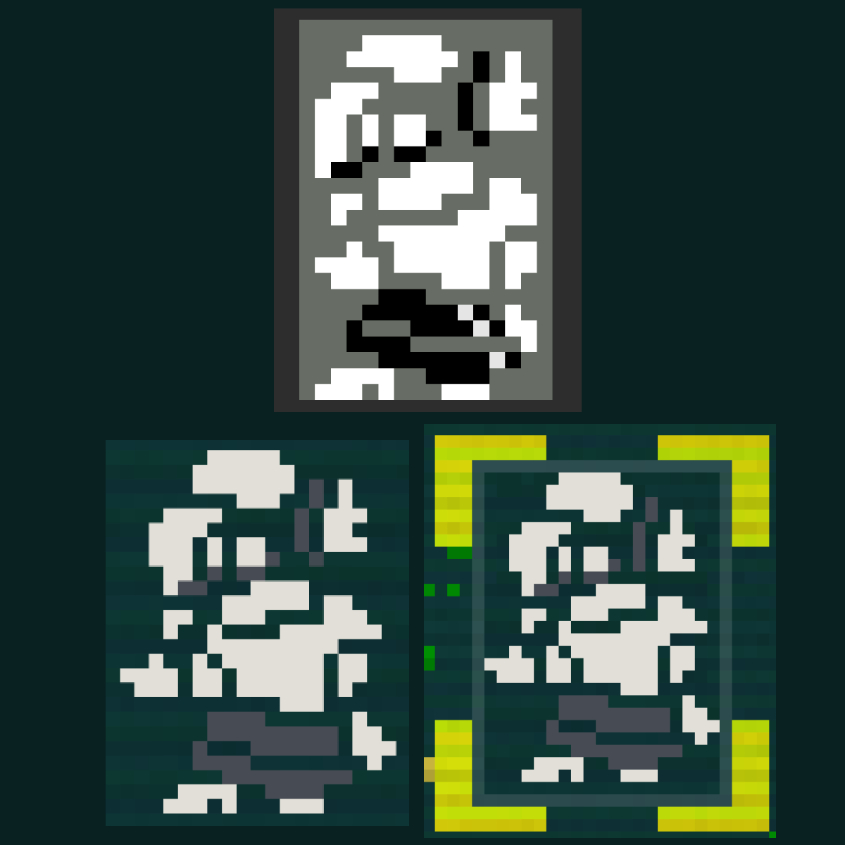 3 work in progress versions of this sprite. They show different shapes for almost everything, the eyes also are closed in these versions.