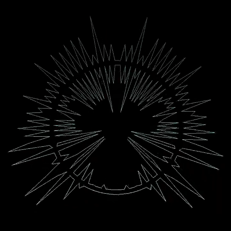 The original waveform of an audio sample from 'Wanderlust' by TQBF, rendered in OBS by the Waveform plugin. It is incredibly densely packed with sharp points of intense audio peaks, resembling a crown of thorns. The thin, erratic white lines on the black background evoke Vib-Ribbon, or Garden of Delete by OPN