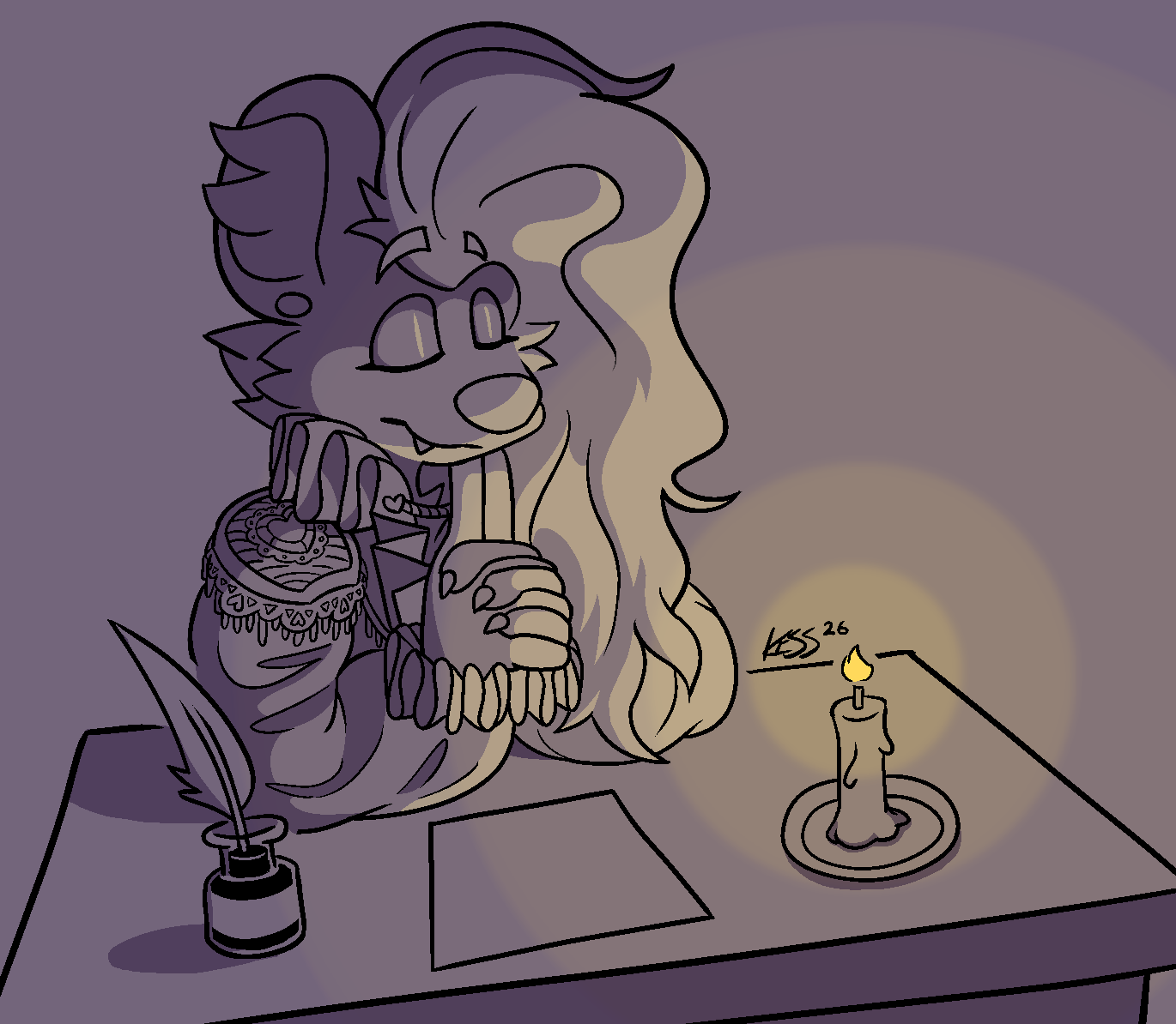 Digital art of Blake my hyena fursona, sitting thoughtfully at a desk with an inkwell, quill, blank sheet of paper, and candle. He's got his hands clasped together, eyes closed with index fingertips beneath his chin

he has very frilly, loose garb, with a lace shoulder ornament with heart motifs and very frilly collar and wrist cuffs