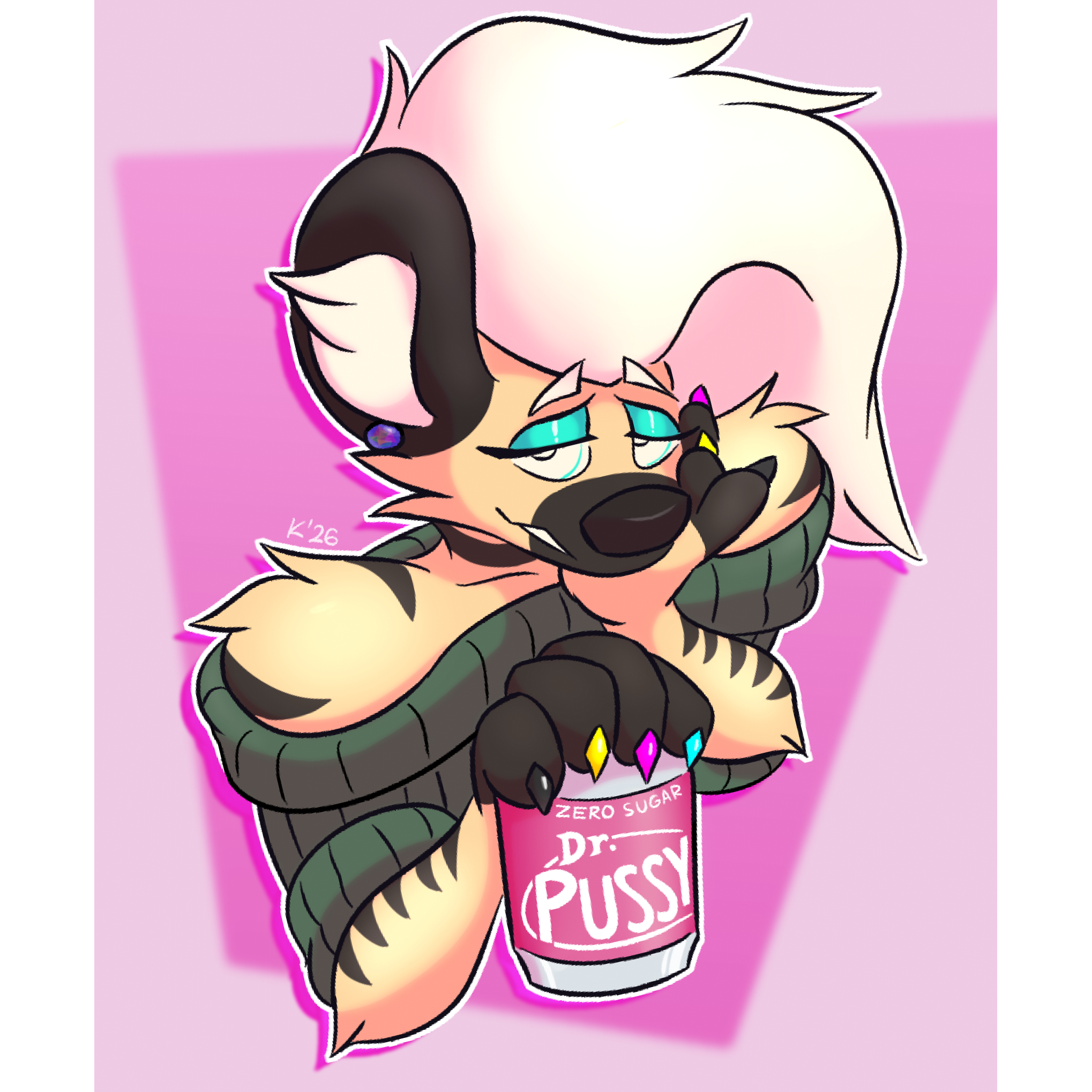 digital art of Blake, my striped hyena fursona, wearing a shoulderless green turtleneck. He's got long white hair, cyan eyeshadow, a black opal stud earring, CMYK-painted claws, and a smug, seemingly affectatious grin and gaze, and a soda can reading 'Zero Sugar Dr. Pussy' with 'Pussy' written in big bold letters. His chin rests coyly in one hand, the soda can clutched by the top in his other.

the background is a simple pink-gradient rectangle in similar perspective, over a less saturated, grayish-pink solid background.

the signature above his shoulder reads 'K 26'