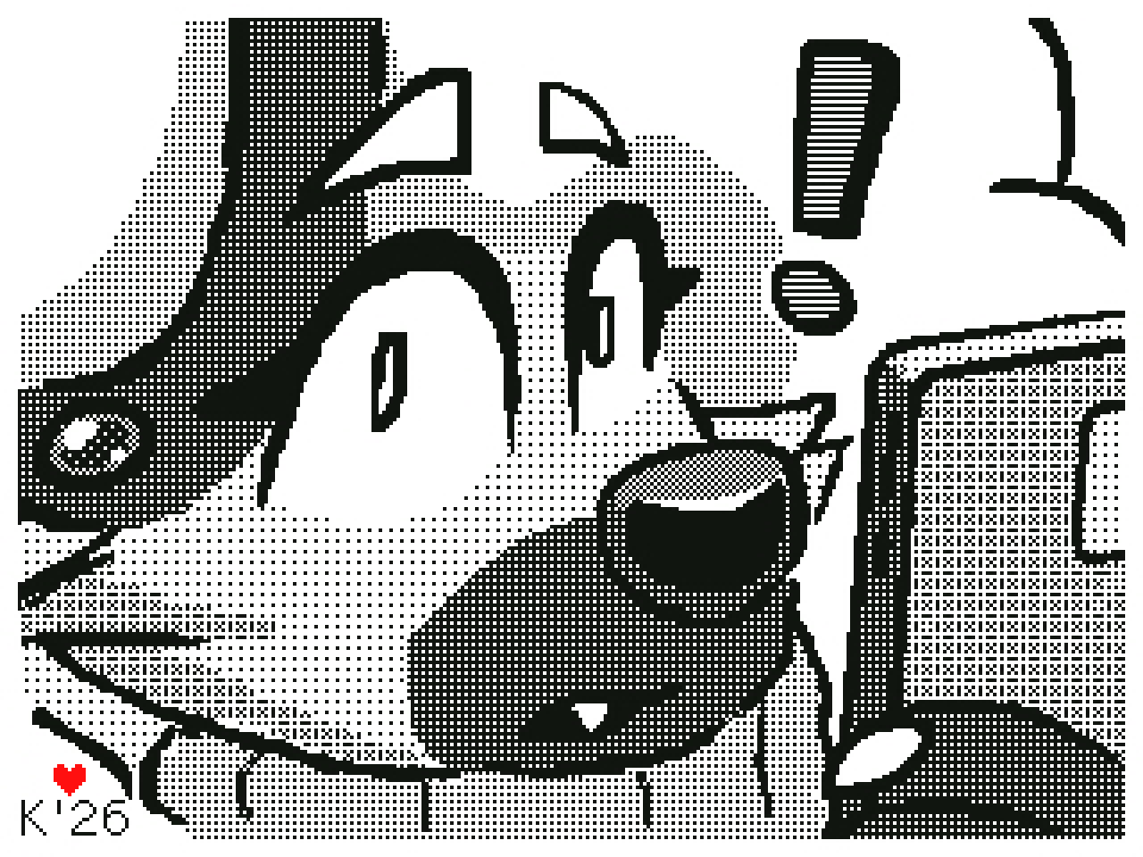screenshot of Flipnote Studio 3d, showing a drawing of Blake my hyena fursona holding a phone and looking at the viewer with surprise and an exclamation point. he has long hair, a stud earring, a big round nose, and a snaggletooth

bottom left reads 'K 26' with a heart