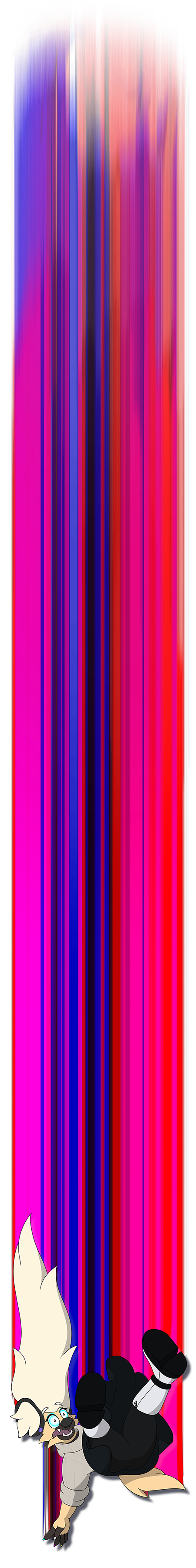 digital art of Blake falling, with bright pink, red, and blue streaks trailing behind him, and longer hair than usual flowing with it

he's got his regular outfit of a turtleneck sweater, black skirt, and white knee boots, and he has an expression of fear